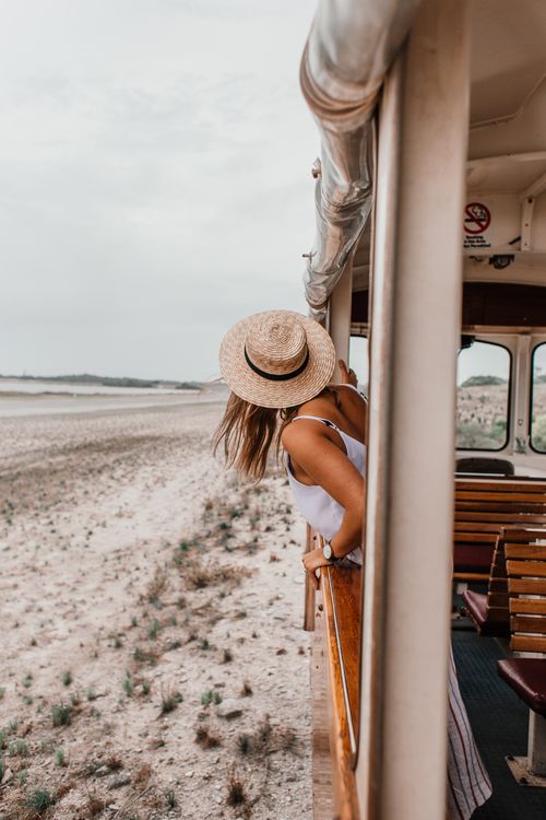 Free A woman in a straw hat enjoys views from a train window on a beautiful day. Stock Photo
