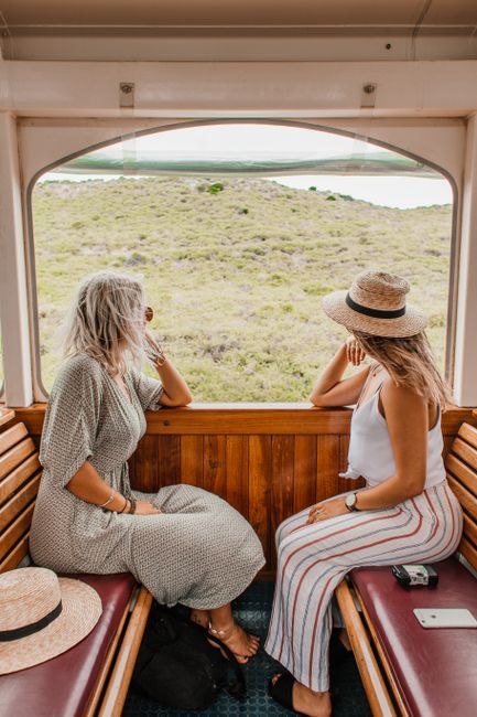 Two women enjoying a scenic view from a train, capturing the essence of travel and exploration.