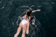 一个女人在深水中游泳的艺术镜头，展示了涟漪和运动