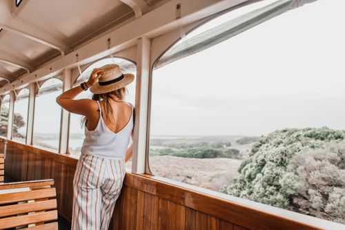 Free A woman in a hat enjoys a scenic train ride, gazing at the countryside view. Stock Photo