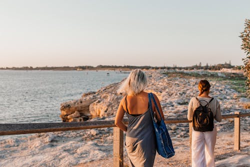 Free Back View of Women Walking on a Beach  Stock Photo