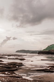 A tranquil overcast beach scene with rocky shoreline and distant greenery.