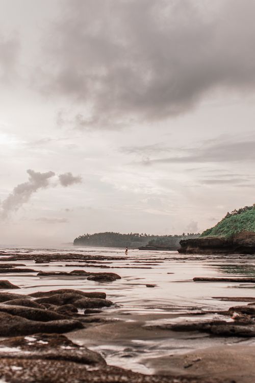 Free A tranquil overcast beach scene with rocky shoreline and distant greenery. Stock Photo