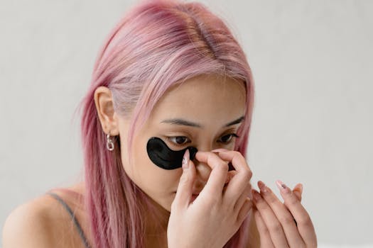 Asian woman with pink hair applying a black eye mask for skincare routine.