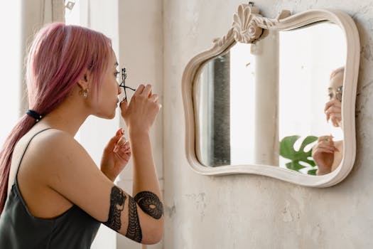 A young woman with colored hair and tattoo uses an eyelash curler in front of a vintage mirror indoors.
