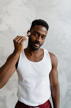 Young man in a studio using a jade roller for facial skincare routine.