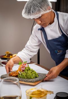 A chef plating a gourmet dish with precision in a professional kitchen setting.