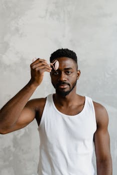 A young man using a facial roller in a self-care skincare routine indoors.