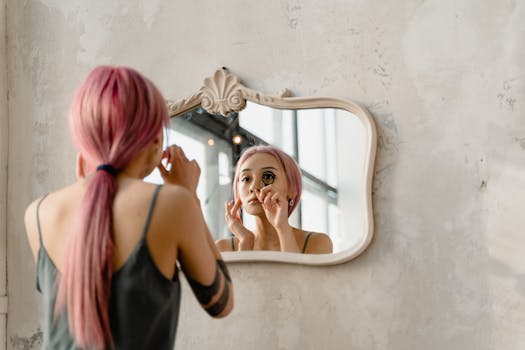 A young woman with pink hair curls her eyelashes, embracing self-care in front of a vintage mirror.