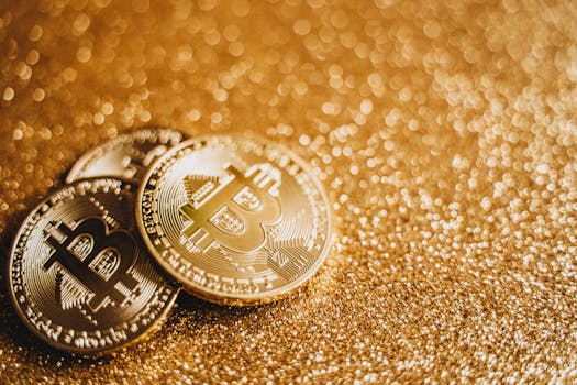 Close-up of Bitcoin coins on a sparkling gold glitter backdrop, symbolizing digital wealth.