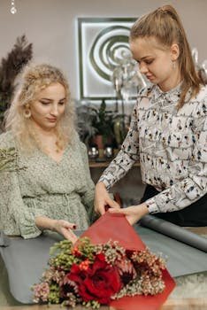 Two women arranging a vibrant flower bouquet in a shop setting, showcasing creativity and teamwork.