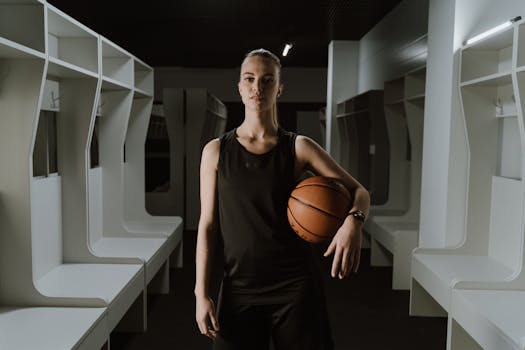 A determined female athlete holding a basketball stands confidently in a modern locker room.