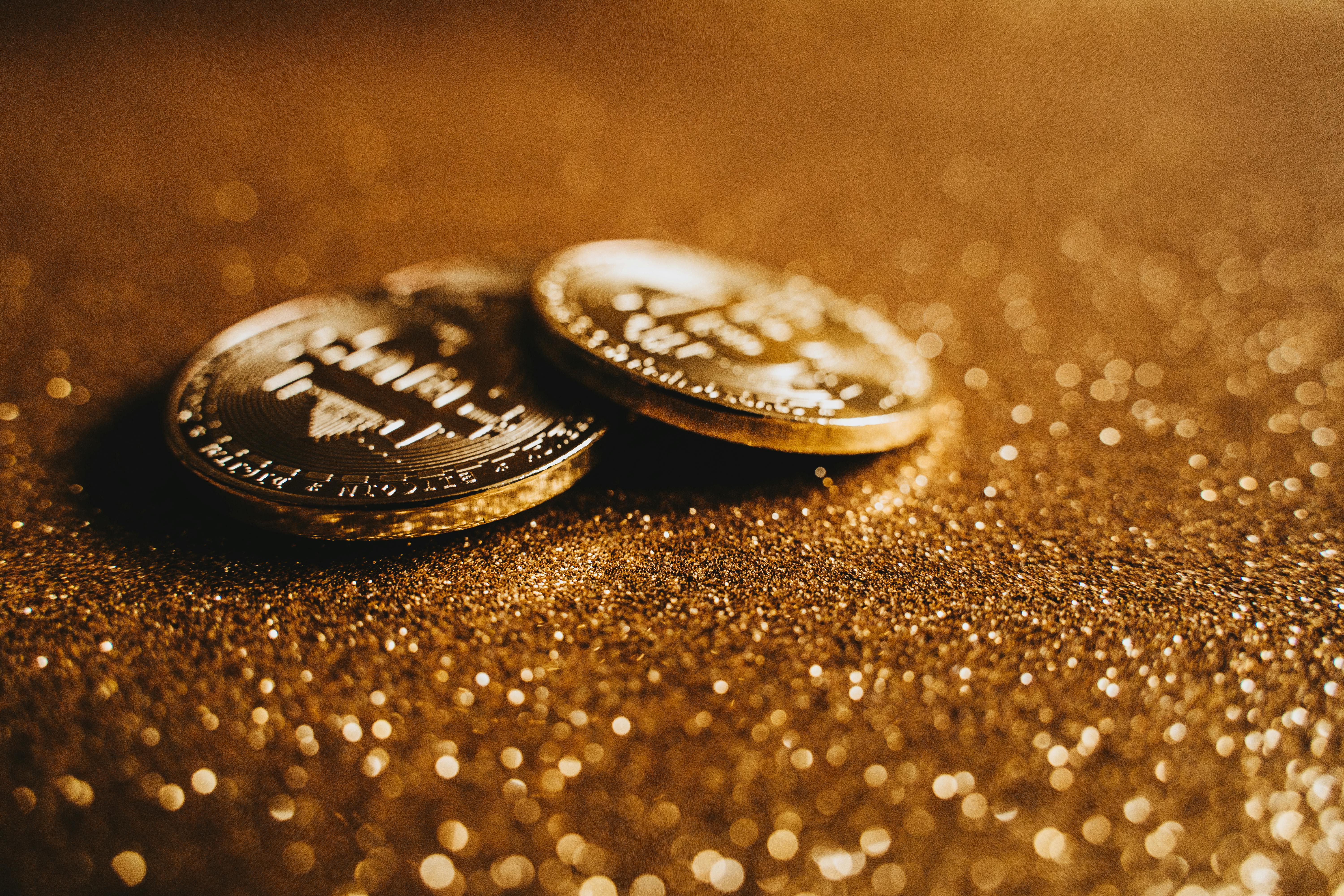 bitcoins on shiny surface
