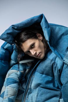Stylish studio portrait of a man wearing a blue denim jacket against a gray background.