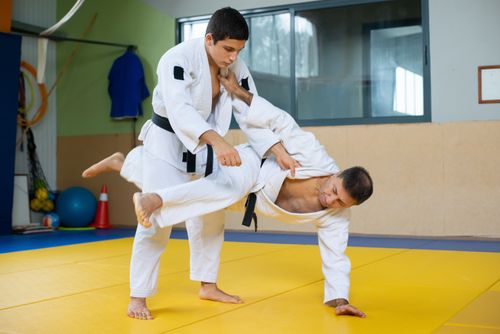 Free Dynamic action shot of two men practicing judo, showcasing technique and movement in an indoor gym setting. Stock Photo