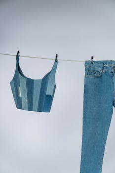 Blue denim crop top and jeans hanging on a clothesline against a neutral background.