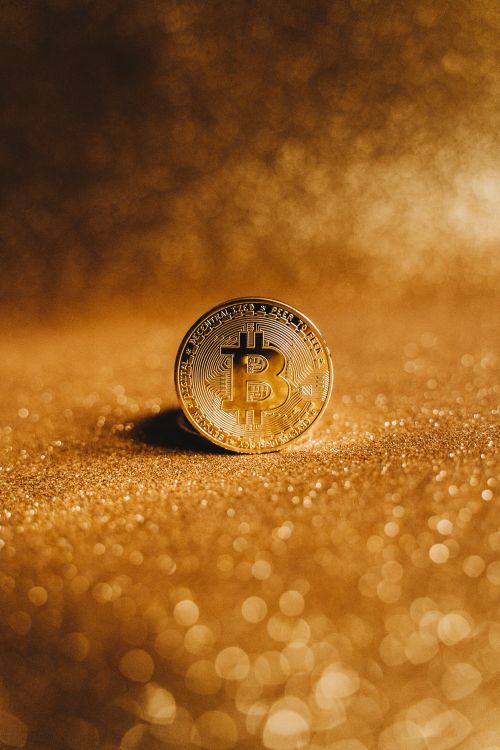 Free Closeup of a shiny bitcoin against a glittering golden bokeh background, symbolizes wealth. Stock Photo