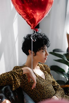 Side view of young gorgeous female with red shiny balloon in elegant stylish dress looking away at birthday party