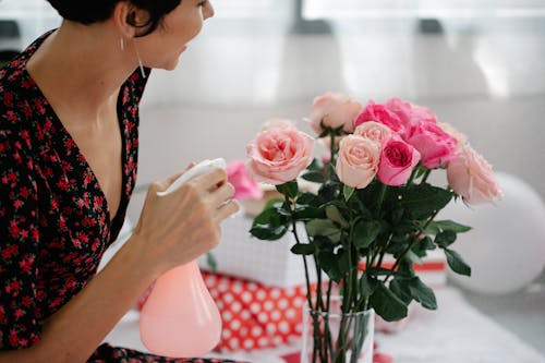 Free Woman in Black and Red Floral Top Spraying Her Pink Rose Bouquet Stock Photo