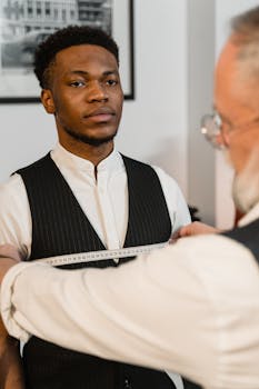 A professional tailor measuring a young man's chest for a perfectly fitted suit.