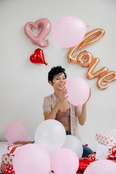 Smiling woman surrounded by balloons and presents, perfect for birthday or Valentine's celebration.