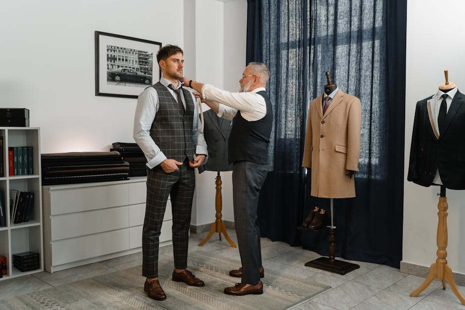 Experienced tailor adjusting a young man's stylish suit in a sophisticated atelier setting.