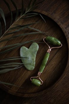 A jade roller and gua sha stone on a wooden tray with green leaves, perfect for skincare routines.