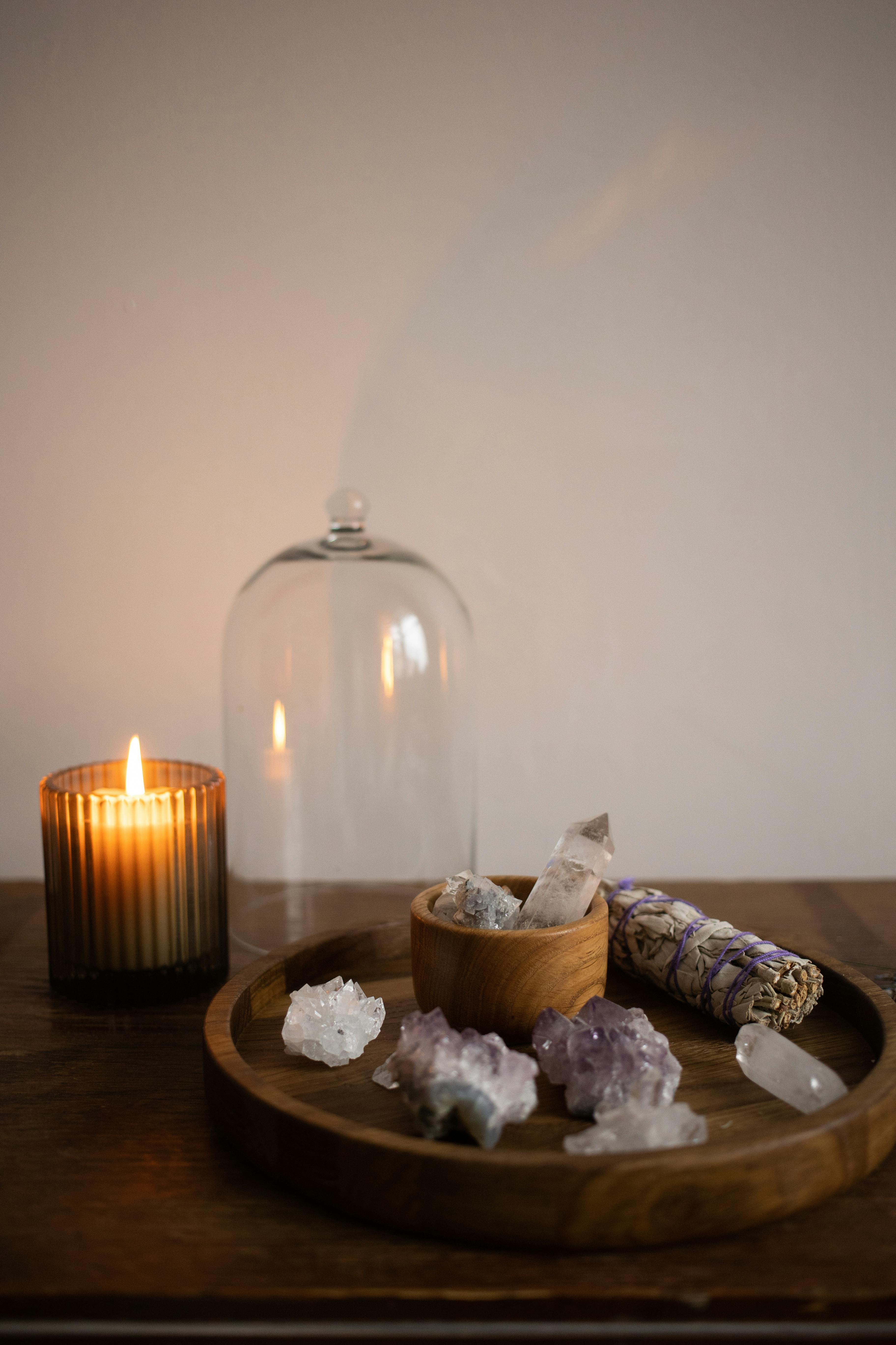 crystals on wooden tray