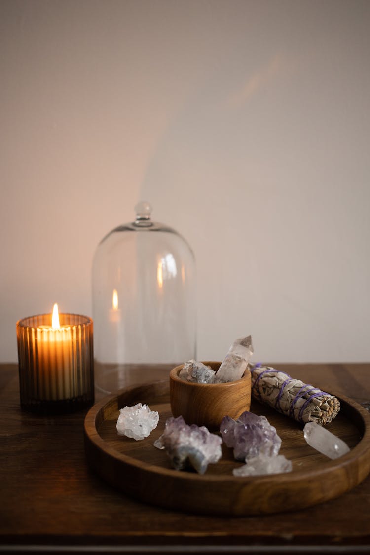 Crystals On Wooden Tray