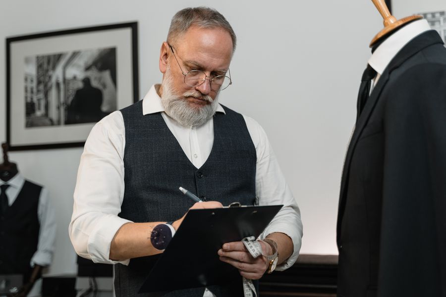 Experienced tailor taking measurements for a suit in a modern workshop setting.