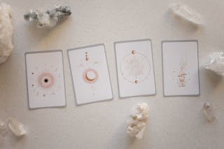 Top View of Tarot Cards and Crystals 