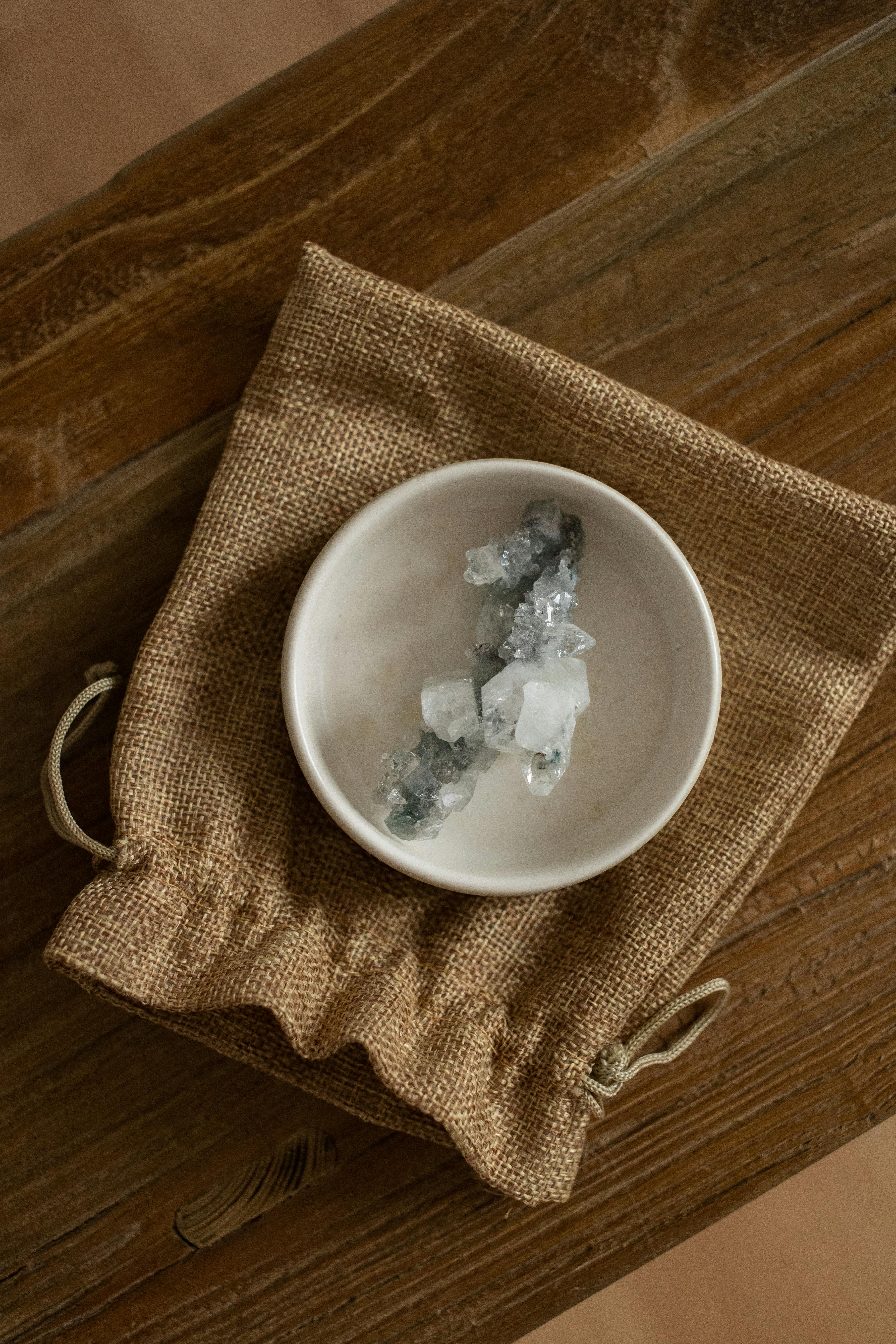crystal in a cup on a sack