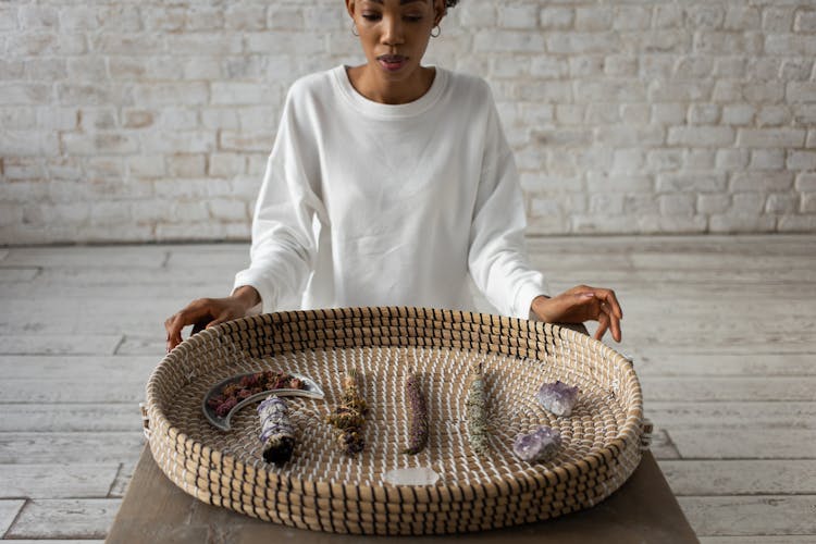 Woman With Basket Filled With Crystals