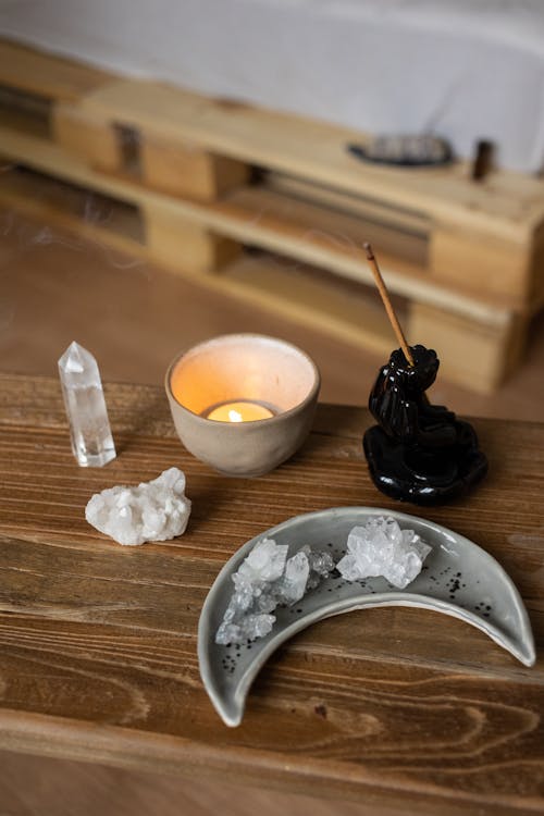 Crystals, Incense Stick and a Candle