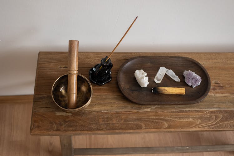 Crystals And Burnt Wood On Table