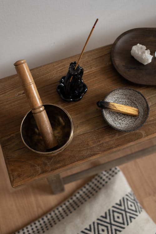 Free Mortar and Pestle on Brown Wooden Table Stock Photo