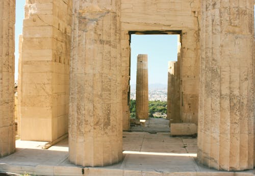 Free Pillars in the Propylaea in Greece Stock Photo
