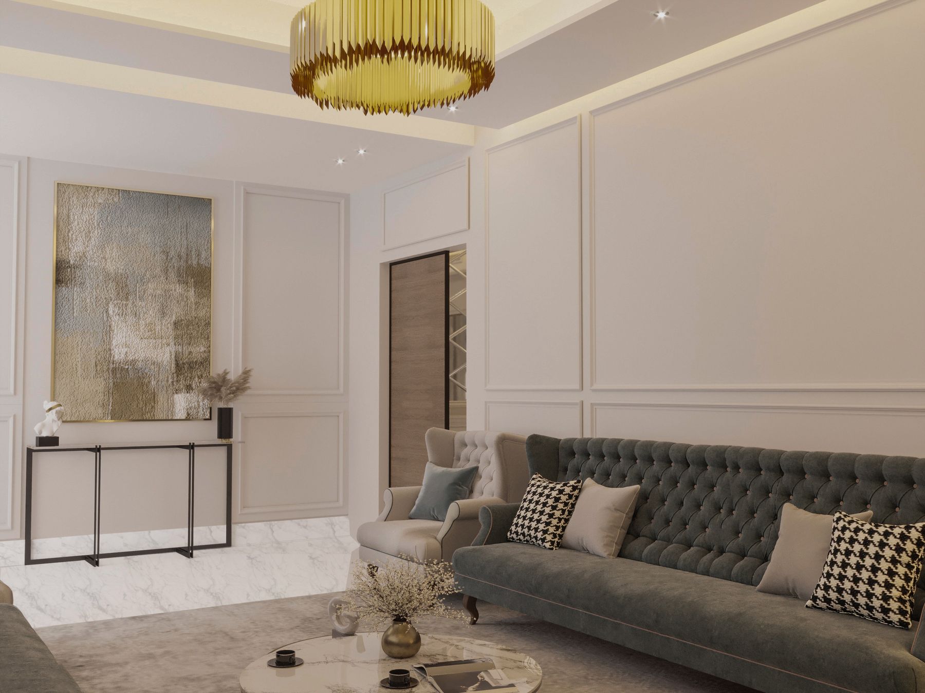 Refined living room with classic wall details