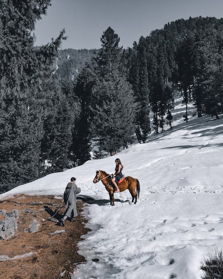 Man Walking Towards Woman On Horse In Snow