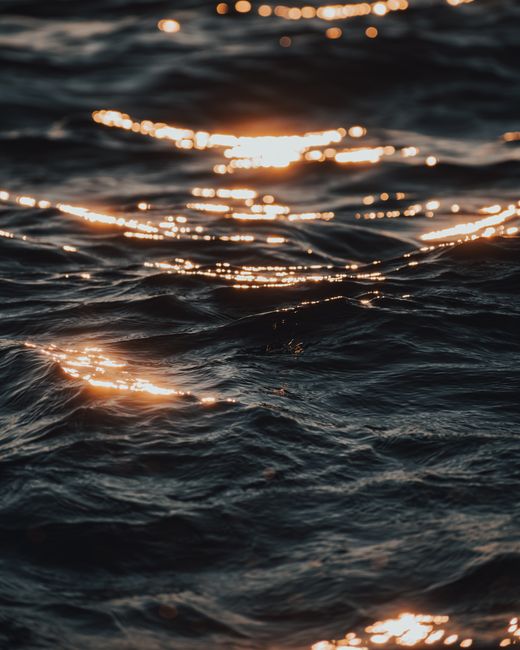 Golden sunlight reflects beautifully on gentle ocean waves, creating a serene and calming atmosphere.