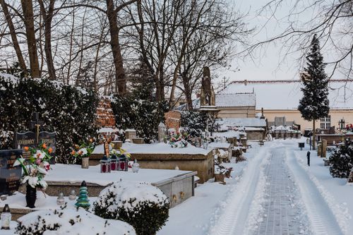 Free Peaceful winter cemetery scene with snow-covered tombstones and bare trees. Stock Photo
