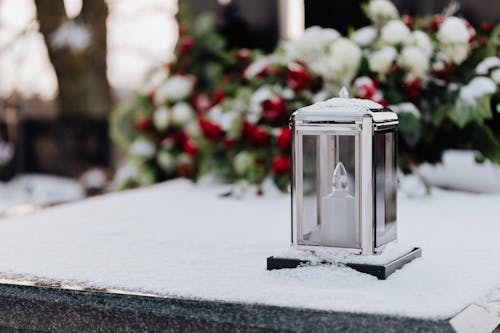  Clear Glass Candle Holder on Snow Covered Tomb