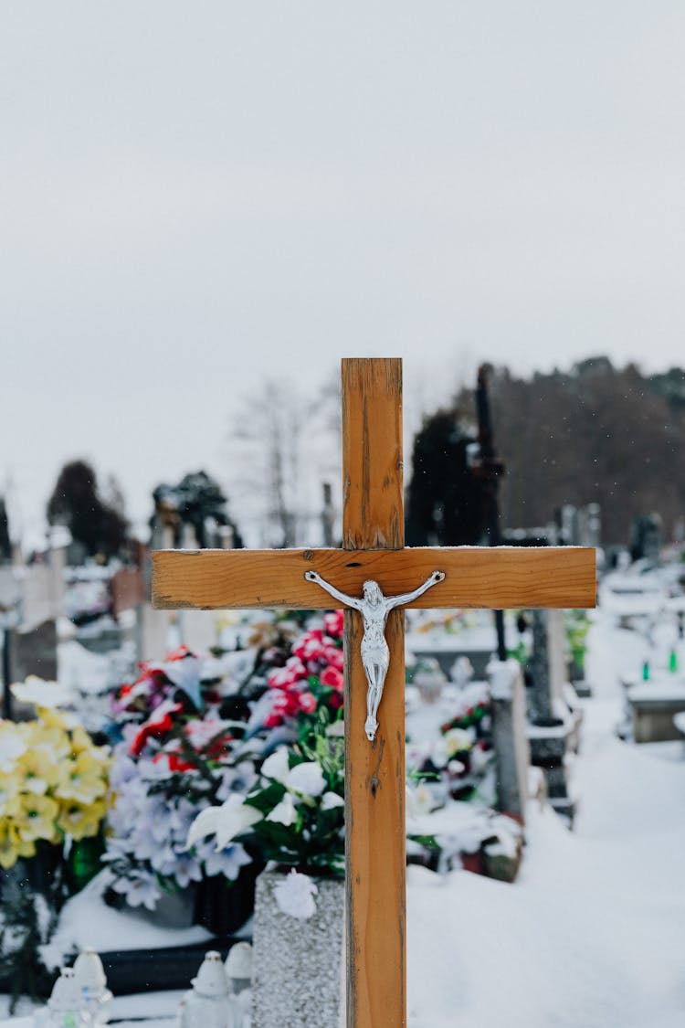 Wooden Crucifix In A Cemetery