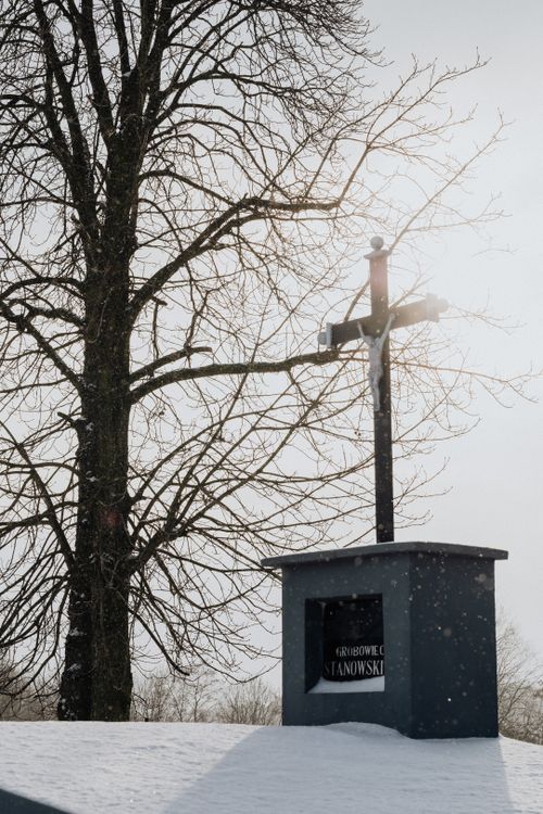 Free A peaceful winter landscape featuring a crucifix by a bare tree under falling snow. Stock Photo