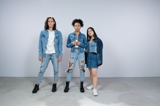A stylish, diverse group poses in trendy denim outfits against a minimalist backdrop.