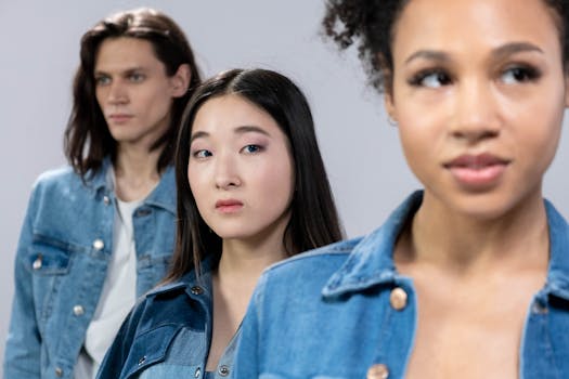 Stylish portrait of diverse individuals in denim jackets captured in a studio setting.