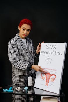 A woman presents a sex education topic using a diagram and educational materials.