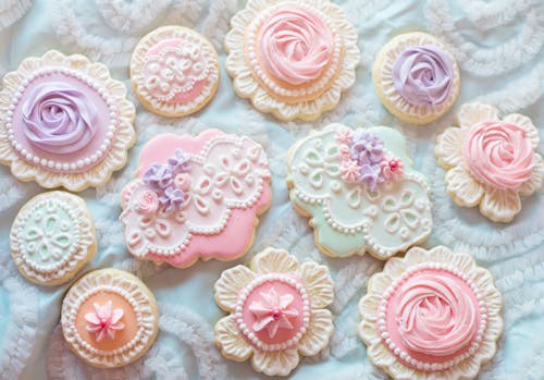Close-up of Cookies with Different Colors on White Cloth