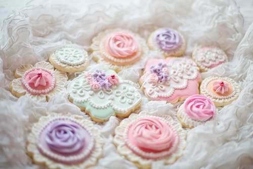 Cookies with Beautiful Design on White Cloth