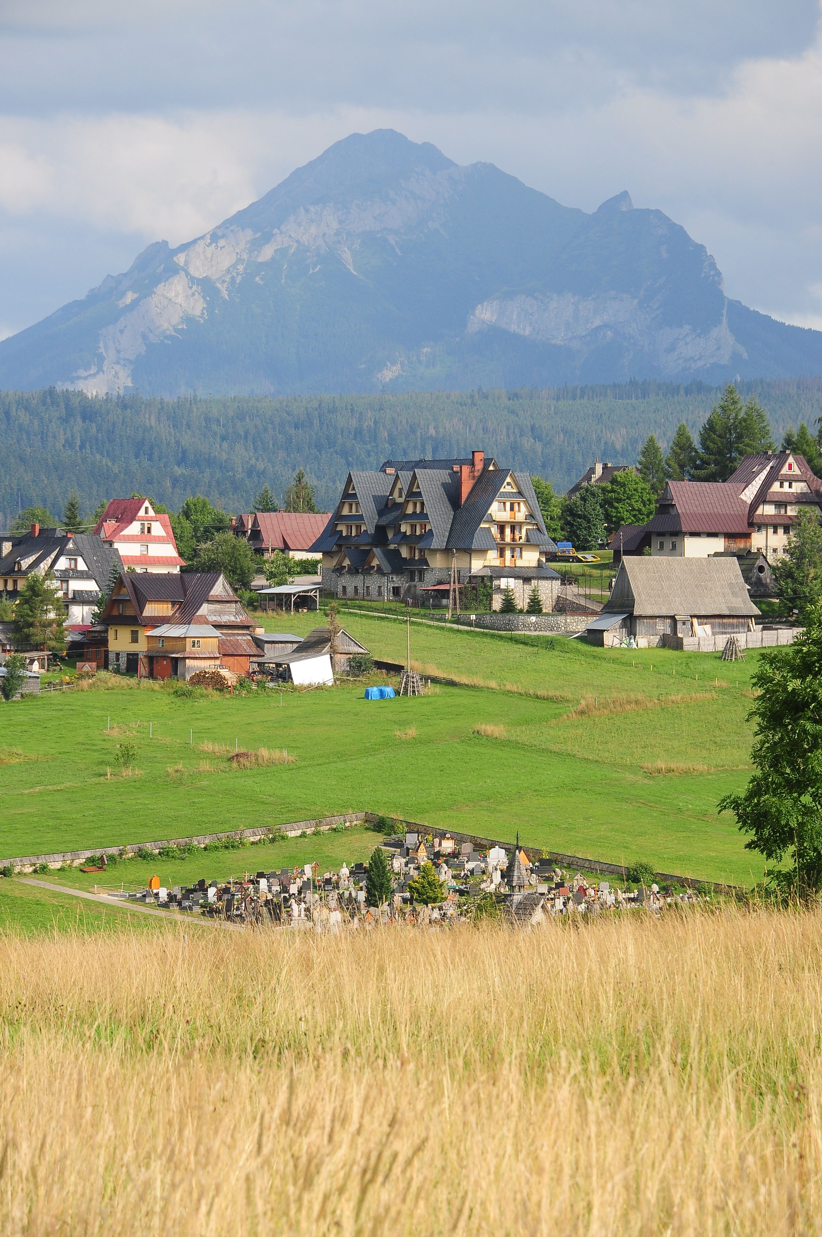 Charming village scene with traditional houses at the foot of a majestic mountain.